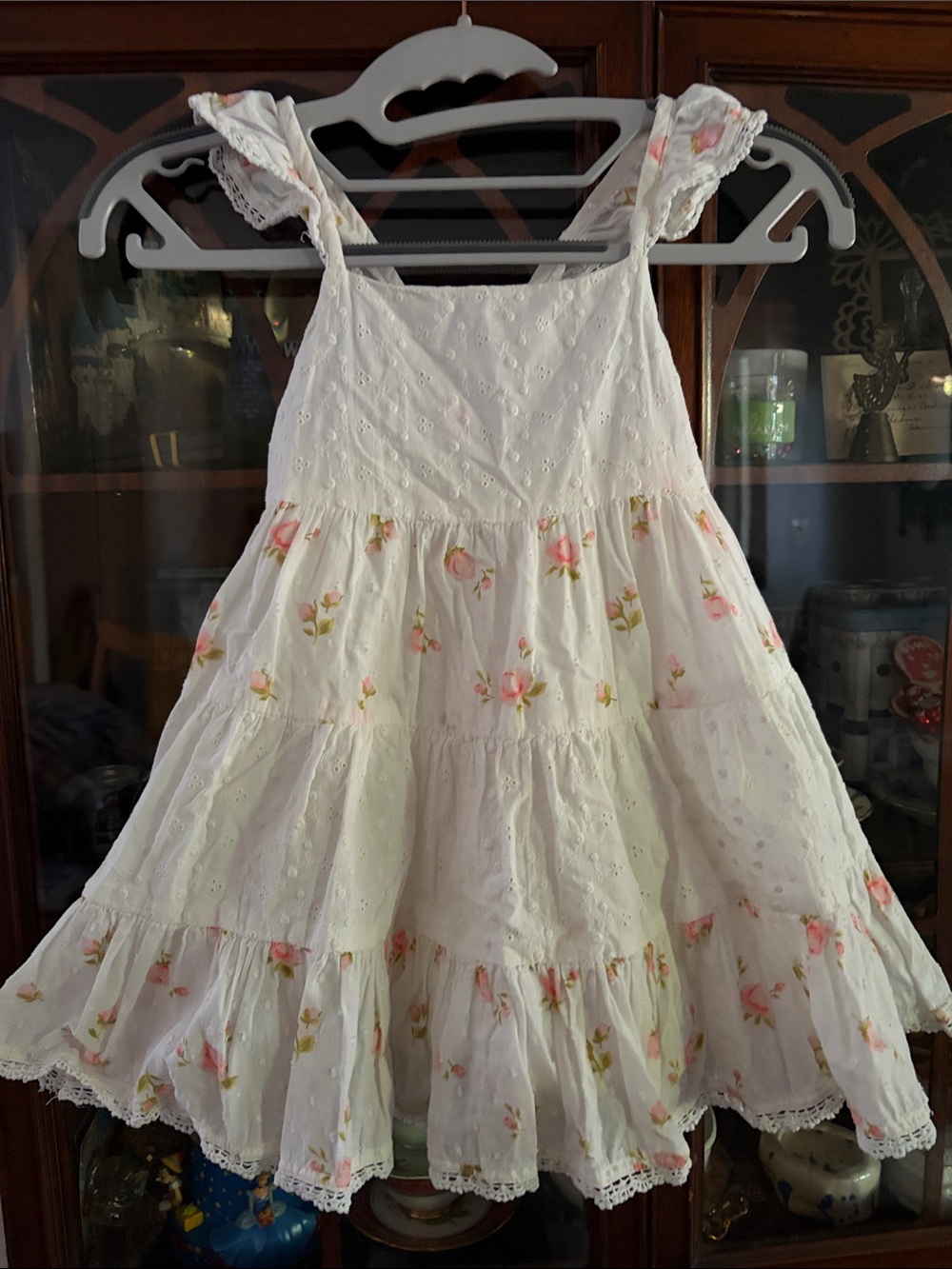 Catherine Malandrino White Eyelet Tiered Dress with Pink Floral Print